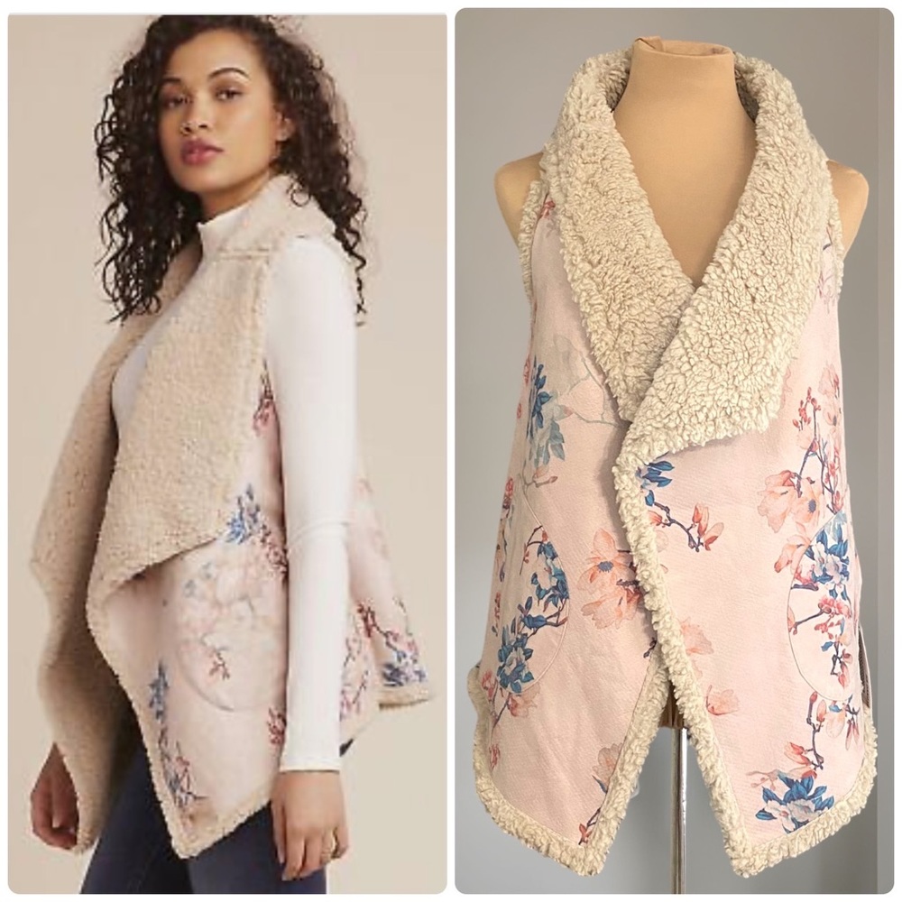 BB Dakota Super Soft Suede/Sherpa Pink Floral “Seek to Soften” Vest Size M